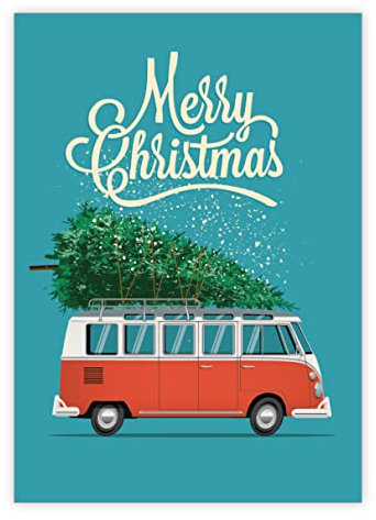 10 Glückwunschkarten: Vintage VW-Bus Weihnachtskarte für Bulli Freunde: Merry Christmas • als schöner Weihnachtsgruß mit Umschlag zu Neujahr, Silvester für Familie und Firma