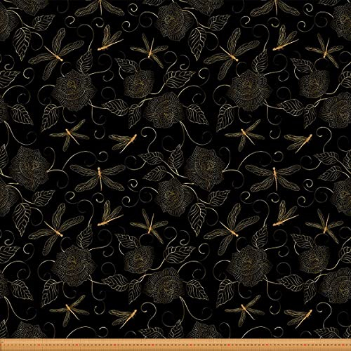 Loussiesd Libellen Möbelstoff luxuriöser Rosenblumenstoff Meterware dekorative Libelle bedruckter Dekorationsstoff für Polster und Heimwerkerprojekte Outdoor Stoff 460x160cm goldfarben schwarz