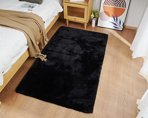 Ghouse Kurzflor Wohnzimmer Teppich Schlafzimmer Matte Moderner Home Flauschig Weich Teppiche für Kinderzimmer Anti-Rutsch Unterseite Waschbarer Teppich 60x180 cm Schwarz