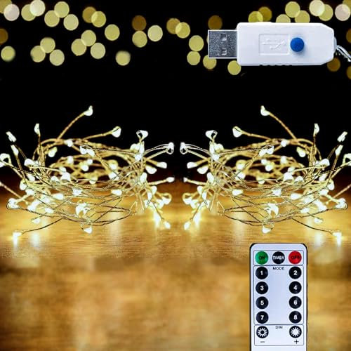100 LED Cluster Fairy Light,Silver Wire Firecrackers String Copper Garland,USB Interface,Waterproof,Christmas Holiday Decoration,Indoor/Outdoor Bedroom,Garden,Yard,Patio (8.2ft,2 Pack,Warm White)