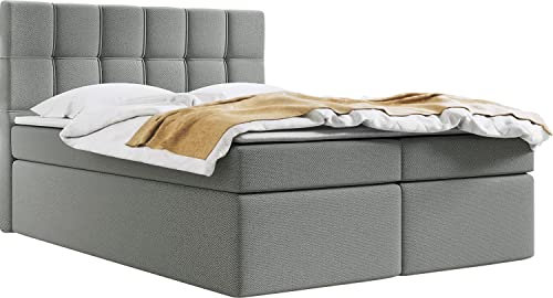 WFL GROUP Boxspringbett mit Bettkasten 140x200 160x200 180x200 Doppelbett Gepolstert Bett Mit Matratze und Topper - Stauraumbett mit Kopfteil - 140 x 200 cm - Grau Webstoff