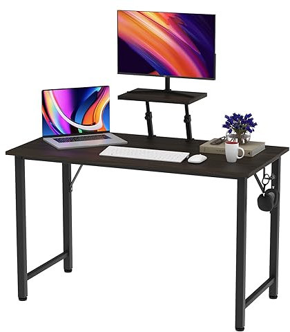 PIPIPOXER Bureau d'Ordinateur 100x50x75cm-91cm, Table de Bureau avec Support d'Écran et Crochet, Bureau PC Gaming Table, Bureau d'Écriture, Cadre en Métal, pour Étudier,Jouer,Travailler,Noir+Marron
