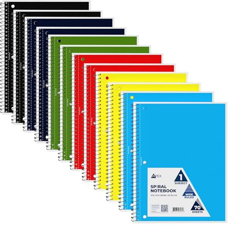E-CLIPS USA Spiralnotizbuch, breit liniert, 12 Stück, 70 Blatt, Einzelfach, Notizbücher, 6 Farbsortiment, 3 Löcher perforierte Blätter (12, breit liniert)