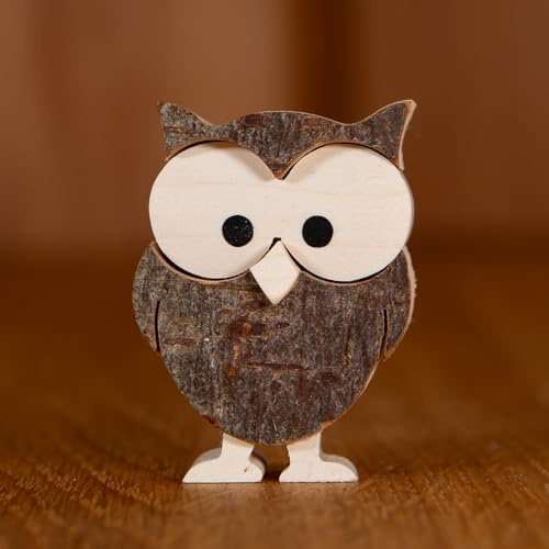 Staboos Holzeule 35mm - Comic-Eule Deko Holzfigur, handgefertigt, Geschenk | Massivholz-Holztier mit Naturrinde, jedes Stück ein Unikat – Eule, Vogel & Waldtier für Regal, Sideboard & Tisch
