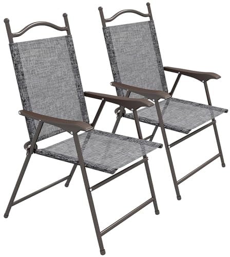 Outsunny Folding Chairs Set of 2, Garden Chair with Armrest, Breathable Mesh Fabric Seat, Camping Sports Chairs for Adults, Grey