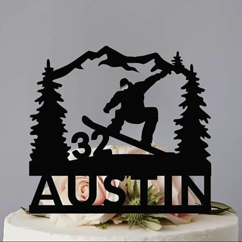 Snowboarder Birthday Custom Snowboard Name Snowboarding Mountain Cake Topper, 6-7.8 Inch Acrylic or Wood Material, Amalifcor-topper240222-a026