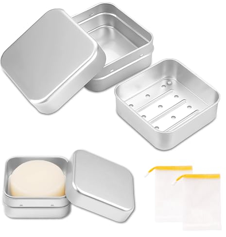 Jabonera de aluminio, 2 unidades, con rejilla de goteo, para viajes, resistente al agua, pequeña, caja de jabón con bolsa de jabón, almacenamiento de champú sólido para casa o de viaje