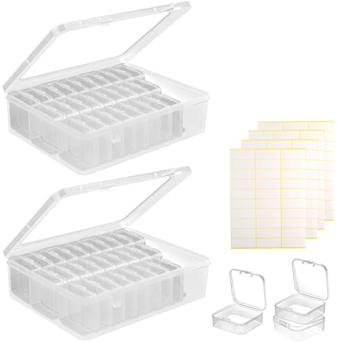 WIYETY 60 Stücke Kleine Aufbewahrungsboxen: Mini Aufbewahrungsbox mit 2 Groß Aufbewahrungsbox und 4 Aufkleber, Plastik Aufbewahrungsbox Klein für die Kleine Gegenstände, Pillen, Schmuck und Zubehör