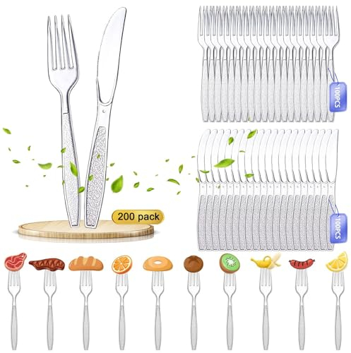 200 Stück Plastikbesteck Set,Plastikgabeln,Messer,Party Besteck Plastik,Plastik Messer Mehrweg,Robust partygeschirr,Party Besteck für Familienfeiern