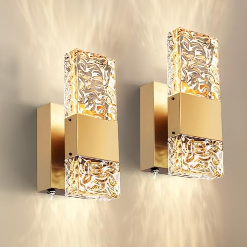 HITOO Luxury Gold Crystal Wall Light, Rechargeable Wireless Wall Sconce Set of 2, Remote Control 10000mAh Battery Operated Decorative Lighting for Bedroom, Living Room, Hallway (Gold,2 Pack)