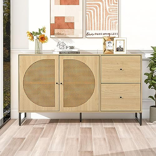 Idemon Sideboard mit 2 Rattan verzierten Türen und 2 Schubladen Kommode Küchenschrank, Mehrzweckschrank, Highboard mit Metallgriffe, für Schlafzimmer & Wohnräume & Büro