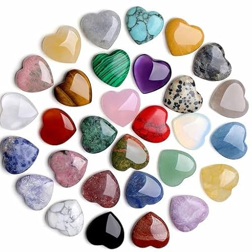 GUJOXILA 30 Stück Herz Aus Stein Edelsteine Natürlicher Kristall Heilsteine Sets Bulk Handschmeichler Steine Handwerk Amethyst Rosenquarz Tigerauge Meditation Chakra Reiki Energieausgleich Geschenk