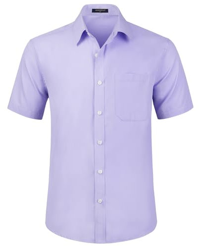 HISDERN Mens Short Sleeve Dress Shirt Regular Fit Casual Formal Lavender Shirts Button Down Business Stretch Shirt Non Iron,L