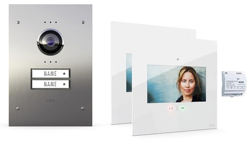 m-e Video-Türsprechanlage Unterputz mit Edelstahl-Frontplatte für 2-Familienhaus | 7“ Design-Innenstation flach weiß | Türklingel mit Kamera | 4-Draht Freisprechanlage Video Sprechanlage VDV-9210 W