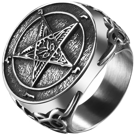 JewelryWe Pentagramm Ring Herren Siegelring: Edelstahl Satanischer Herren-Ring Pentagram Leviathan Kreuz Gefallener Engel Retro Punk Fingerring Bandring Satan Amulett Schmuck Geschenk Größe 62