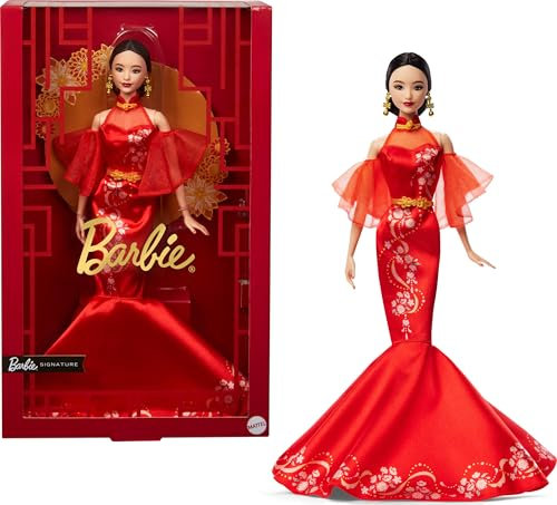 Mattel Lunar New Year Barbie-Puppe im Qipao-Kleid mit Pflaumenblüten-Aufdruck und goldenen Accessoires, Barbie Signature Kollektion, JBJ11
