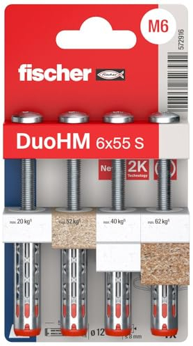 fischer - Cheville Bi-Matière DuoHM 6 x 55 pour Corps Creux, avec Vis à Tête Cylindrique, Empreinte TX - Blister de 4