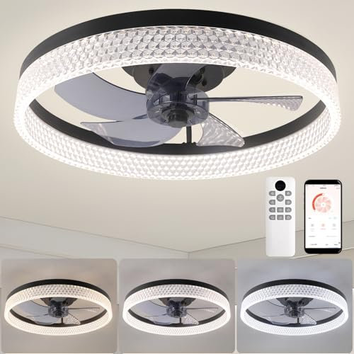 ZYDTRIP Ceiling Fans with Lights and Remote, 19.7 Inch Ceiling Fan, 6 Speeds, Reversible, Dimmable Flush Mount Fan Light, Modern and Bladeless Ceiling Fan Light for Bedroom Living Room Dining Room