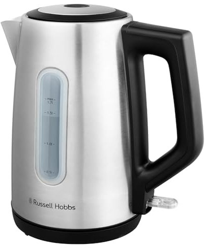 Russell Hobbs Wasserkocher (für heißes Wasser, Tee oder Kaffee, 1,7l Kapazität,Edelstahl,Perfect-Pour-Ausgusstülle,herausnehmbarer&waschbarer Kalkfilter,blau leuchtende Anzeige, 2400W) Heaton 27380-70