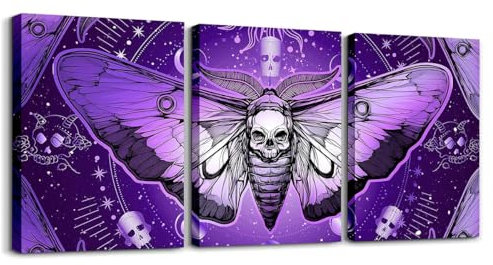 Loussiesd Death Moth gerahmt 3er Poster Set für Wohnzimmer Gothic Schädel Boho Wandbilder für Schlafzimmer Sonne und Mond Böhmische Lila Leinwandbilder für Zimmer Deko Bilder Art Moderne Home Dekor