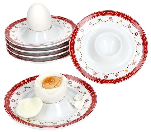 MamboCat Lot de 6 coquetiers en porcelaine avec plateau I Ø 13,3 cm I Coquetiers ronds en porcelaine avec décor de Noël pour l'œuf du petit déjeuner I 6 personnes