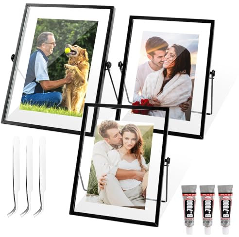 DAJAVE 3 Stück Bilderrahmen Stehend Glas A5, 15x20cm Glas Metall Fotorahmen, Schwarze Tischplatte Regal Fotorahmen A5, Glasrahmen für Festival, Hochzeit,Home Decoration Winkel der Klammer 60°