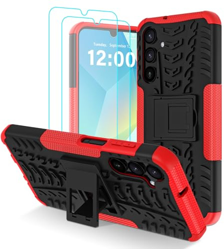 Iokmax for Samsung Galaxy A16 4G/5G Case with 2 Pack Screen Protector Red | Military Grade Shockproof, Heavy Duty Robust Bumper Cover with Kickstand for Samsung A16 Phone Case, Red