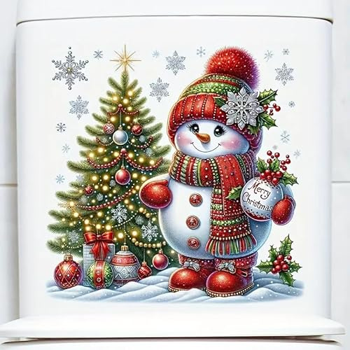 Christmas Snowman and Christmas Tree Toilet Cover Sticker Decals,Fish Bird Flower Leaf Waterproof Toilet Lid Tank Seat Decals Cistern Self-Adhesive Bathroom Wall Sticker