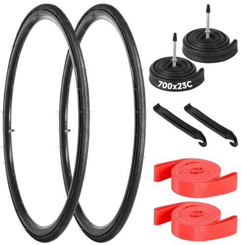 yeesport Neumáticos de bicicleta de carretera de 700 x 23c, paquete de 2 neumáticos plegables de 700 x 23 c y tubos de bicicleta de carretera de 700 x 23/25/28c con tiras de llanta, válvula Presta de