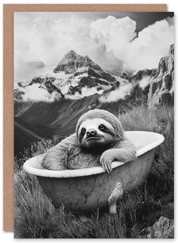 Artery8 Greeting Card Sloth in Bathtub on Mountain Black White Surreal Blank For Him Or Her Art Birthday Card
