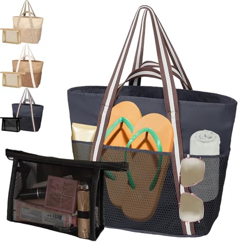 AUNGKWANG 2 Stück Mesh Strandtasche XXL Familie, Badetasche Damen, Große Wasserdichte Strandtasche Damen mit Kleine Badetasche, Beach Bag für Strand, Urlaub, Pool, Reisen Einkaufen und Alltag, Schwarz