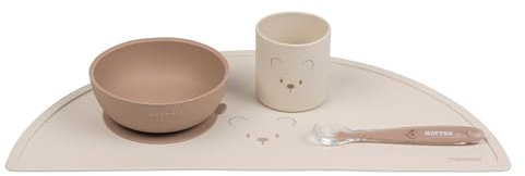 Nattou Vaisselle en Silicone pour Enfants, Set Repas 4 Pièces, 1 Cuillère, 1 Bol avec Couvercle, 1 Gobelet, 1 Set de Table, sans BPA, Vegan, Silicone, Modèle Nature