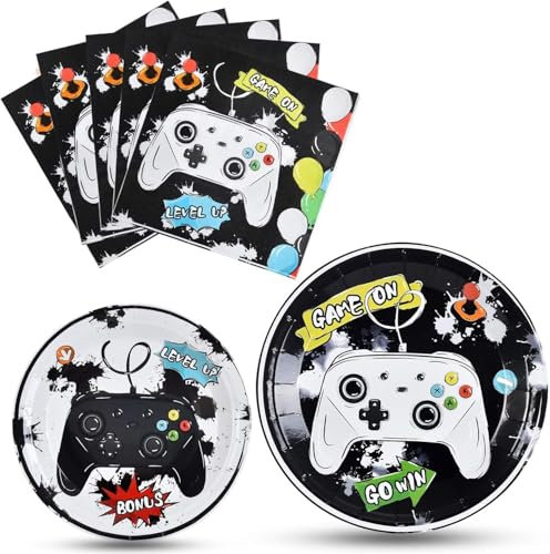 WERNNSAI Video Game Party Tableware Set - 48 PCS Watercolor Gaming Party Supplies Paper Plates and Napkins Set for Kids Gamer Lovers Birthday Dinner Dessert Party Favors Serves 16 Guests