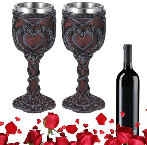 byepica Set of 2 Medieval Dragon Wine Goblets, 7Oz Gothic Stainless Steel Cups, Vintage Chalices for Parties, Gifts