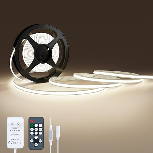 NELUX Ruban LED COB, Bande LED 2m Blanc, Bandeau LED Cuisine Decoration Chambre TV, Strip Light 24V, Lumiere Dimmable, Autocollante, Interieur, 480LED/m, 4000K. Comprend Télécommande et Alimentation