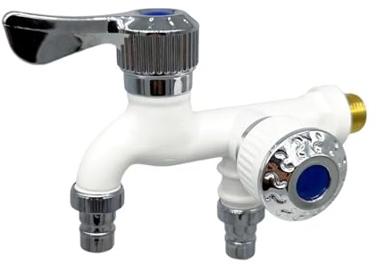 Wischmopp-Pool-Wasserhahn, Waschmaschinen-Armaturen, Ein-in-2-Ausgänge, Waschhahn, Wandmontage, Doppel-Wasserauslass, Outdoor-Gartenarmaturen (weiß)
