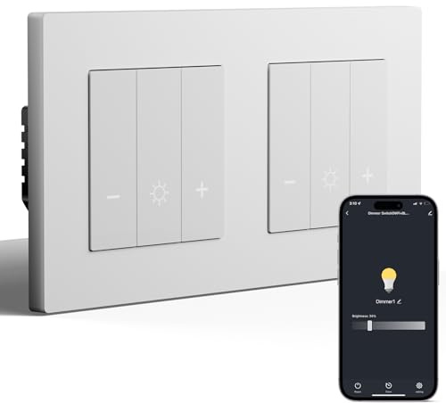 BSEED Double WiFi Interrupteur Variateur 1 Gang 1 Voie Compatible avec Alexa et Google Home avec Cadre PC,Smart Interrupteur Dimmable pour Lampes LED 240 V(Nécessite Fil Neutre),Blanc