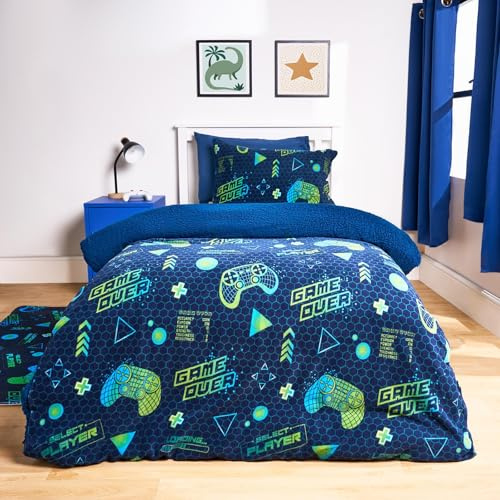 OHS Boys Single Duvet Cover Set, Super Soft Warm Stylish Gaming Print Fleece Duvet Cover Comfy Reversible Kids Single Bedding Sets with Pillowcase, Black/Green