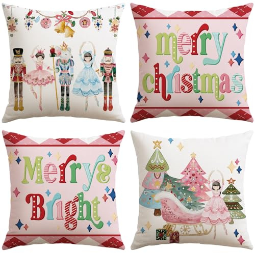 JOTOM Christmas Cushion Covers 50x50 cm Set of 4 Nutcracker Xmas Trees Decorative Throw Pillow Covers Merry Christmas Cushion Cases Winter Holiday Decoration for Home Couch Decor (Nutcracker Pink)
