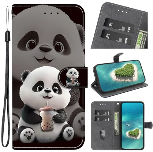 YKTO Handyhülle für LG V40 ThinQ Hülle Schutz 360 Grad Flipcase Cover, Flip Lederhülle Tasche Case Magnet Kartenfach Schutzhülle für LG V40 ThinQ - Süßer Kleiner Panda