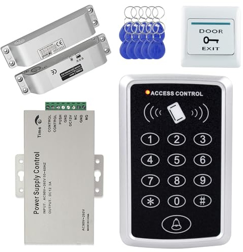 AccessShield Système d'entrée de Porte avec Clavier de contrôle d'accès étanche, Alimentation DC 12 V, Interrupteur de déverrouillage de Porte, Serrure électrique et Porte-clés RFID 125 kHz