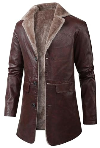 Darringls Manteau en cuir vintage pour homme avec col en fourrure Manteau court d'affaires Manteau long en cuir synthétique Manteau d'hiver en polyuréthane avec col en fourrure Trench épais Veste