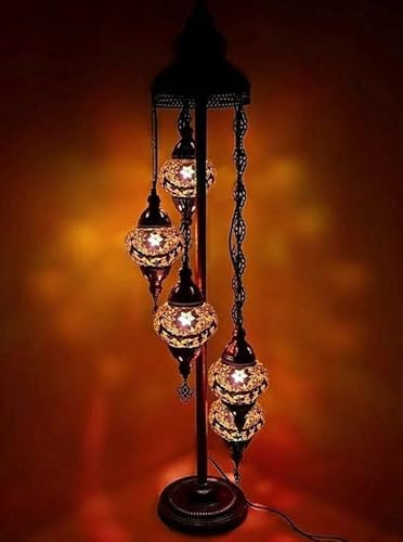 Halay Lampe Turque Lampadaire Mosaïque Marocain Oriental Fait Main Marron 5 boules