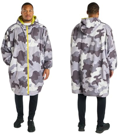 OHS Mens Waterproof Coat Changing Robe, Oversized Camouflage Rain Coats for Women Lightweight Fleece Lining Drying Robe with Hood & Pockets Breathable Ladies Coats for Outdoor, Grey/Green - S/M