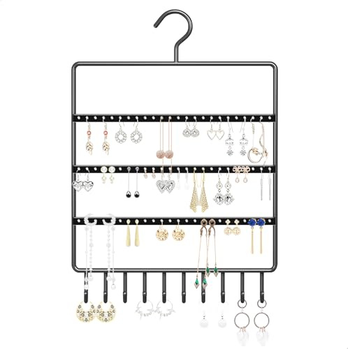 xtemtoamz Ohrringständer Schmuckhalter Wand, Metall Ohrring Halter, Halsketten Aufbewahrung Schmuckständer für Ketten Armbänder, Ohrring Aufbewahrung mit 69 Löchern und 10 Haken,Schwarz