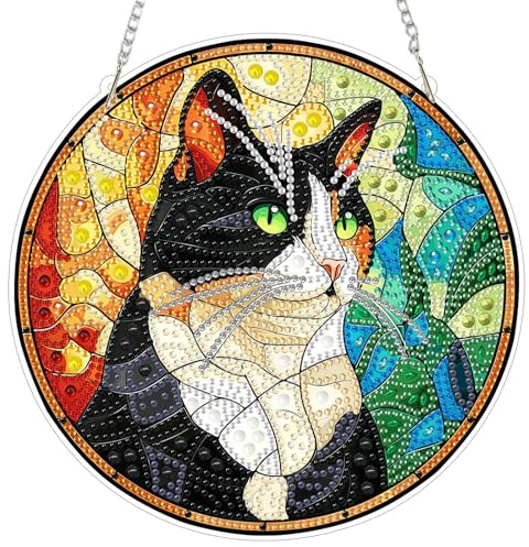MXJSUA Buntglas Katze Diamond Painting Anhänger mit Kette Erwachsene, Diamant Painting Fensterbilder Hängende Ornament Bastelset Set für Wand Und Eingang Decor 20x20CM