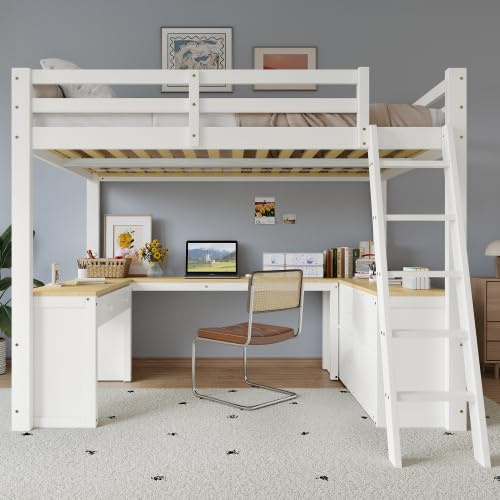 Merax Hochbett für Kinder mit U-förmigem Langtisch, Zwei Schubladen und Aufbewahrungsregal, Weiß+Natur, 140x200cm, Kiefer + MDF + Sperrholz