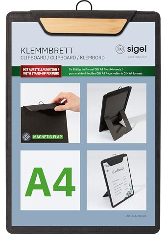 SIGEL Klemmbrett A4 dunkelgrau beige Aufstellfunktion | KB220, stabiles, stylisches Clipboard mit edler Leinenstruktur, strapazierfähig und leicht abwischbar, für Speisekarten