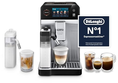 De’Longhi Eletta Ultra – Perfetto Helautomatisk Kaffemaskin, LatteCrema Automatisk Mjölkskummare, 50+ Varma och Kalla Drycker, Silent Technology, Touchdisplay i Färg, Metall (ECAM472.85.MB)