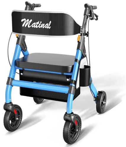 Matinal Faltbarer Rollator für Senioren Outdoor, Tragkraft bis 200kg, Blau | 20cm Gummireifen für jedes Gelände, Rollator für den Außenbereich aus Aluminiumlegierung mit breitem, höhenverstellbarem Sitz